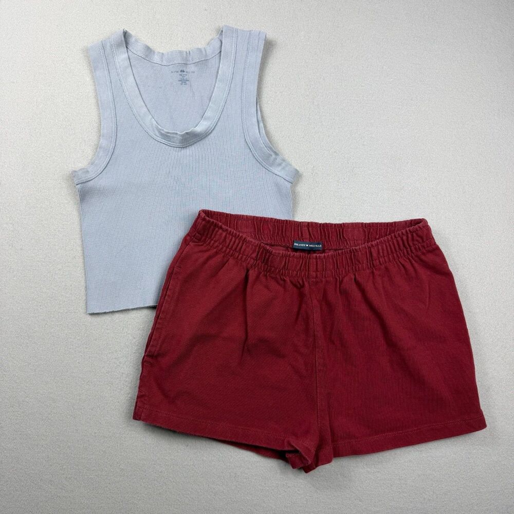 Brandy Melville Womens Tank Shorts Set S Blue Red Cotton Ribbed Lounge